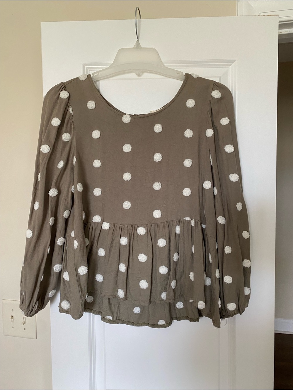 Altar'd State Taupe Polka Dot Peplum Long-Sleeve Top